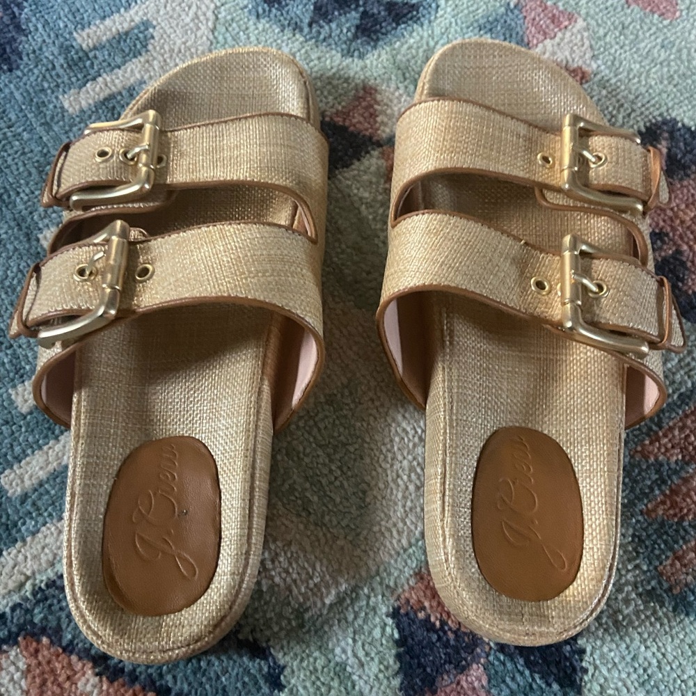 J Crew double buckle raffia sandals